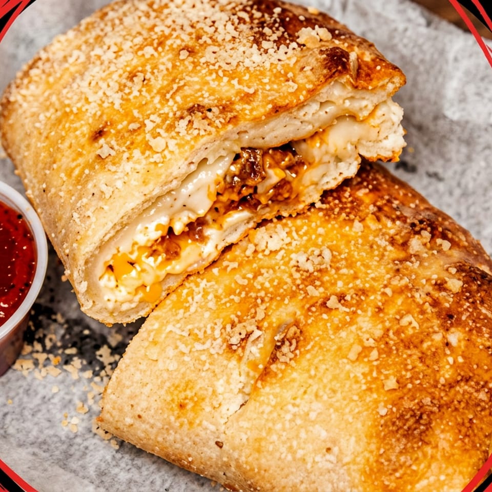 Golden-brown calzone, cut open to reveal melted cheese and meat filling, with a side of marinara sauce.