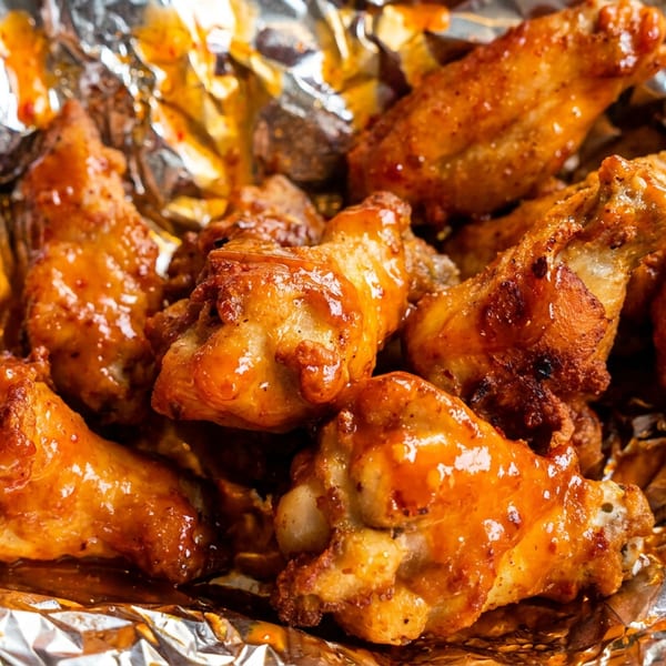 Close-up of saucy chicken wings in a foil-lined basket with red and white checkered paper.