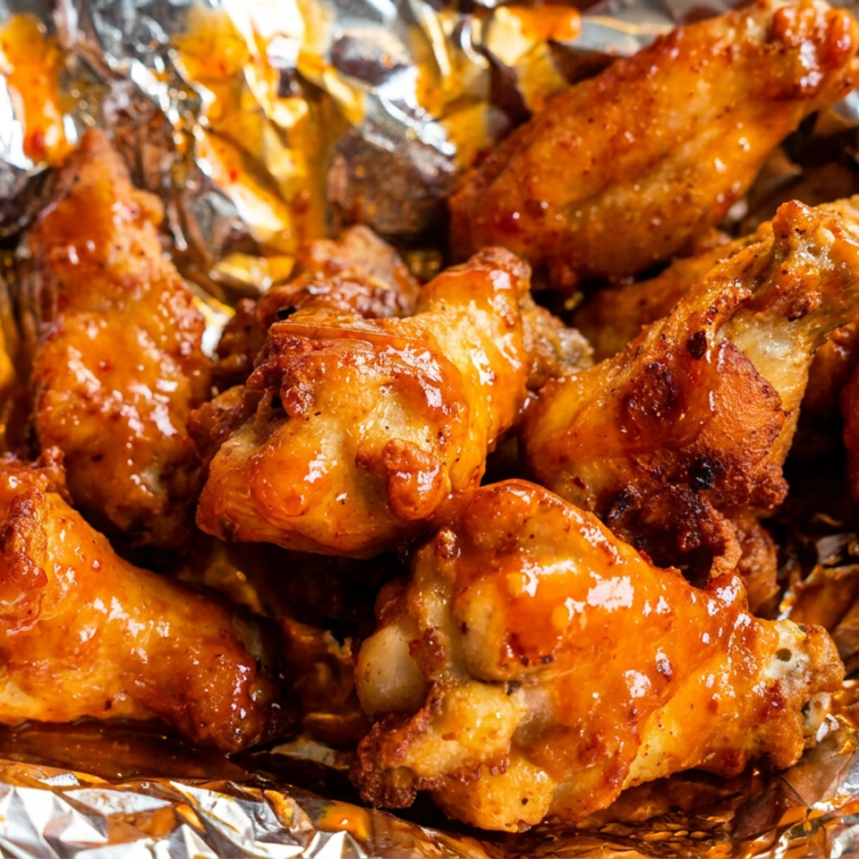 Close-up of saucy chicken wings in a foil-lined basket with red and white checkered paper.