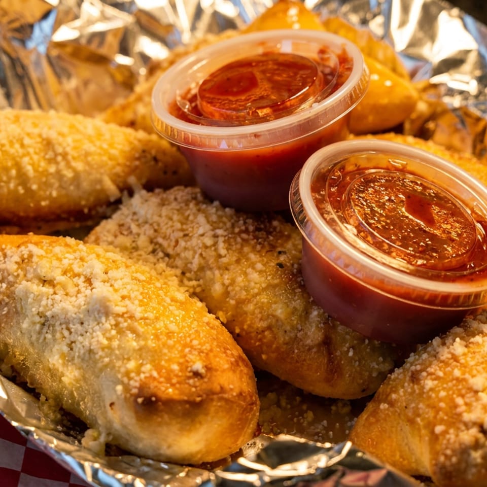 Golden-brown garlic knots, sprinkled with Parmesan cheese, served with two cups of marinara sauce.