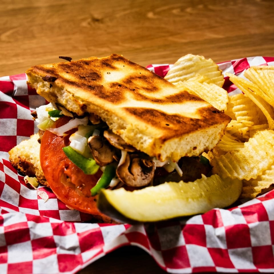 Grilled sandwich with vegetables and mushrooms, served with crinkle-cut chips and a pickle.