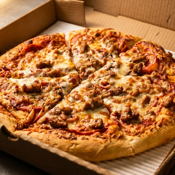 A freshly baked, sliced pizza with sausage and pepperoni in an open cardboard delivery box.