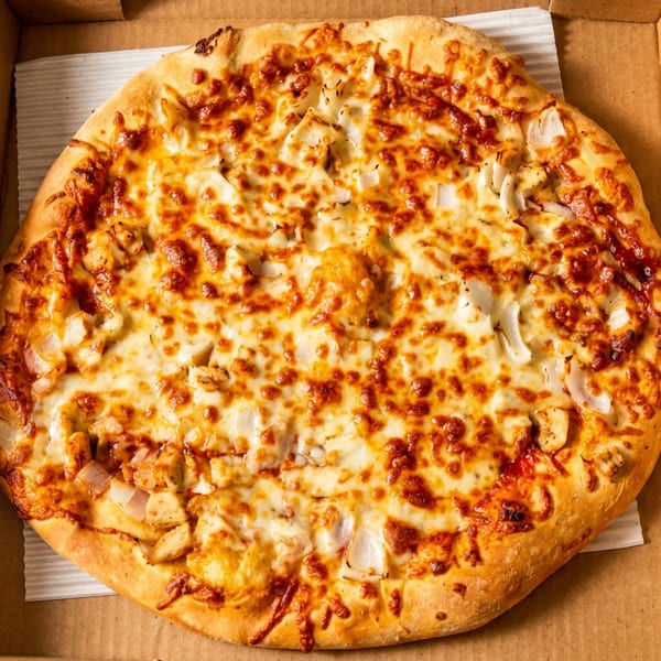 A freshly baked chicken and onion pizza in a cardboard delivery box on a metal surface.