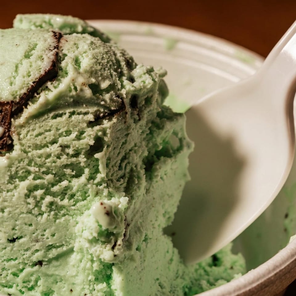 Close-up of a scoop of mint chocolate chip ice cream in a white cup with a spoon.